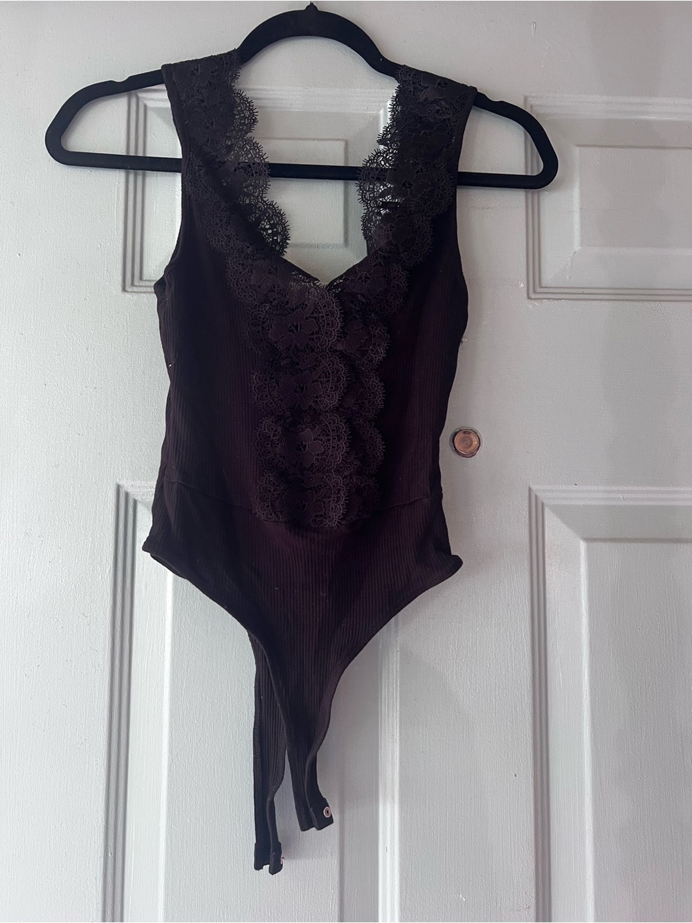Lulu's Dark Brown Ribbed Lace-Trim Bodysuit